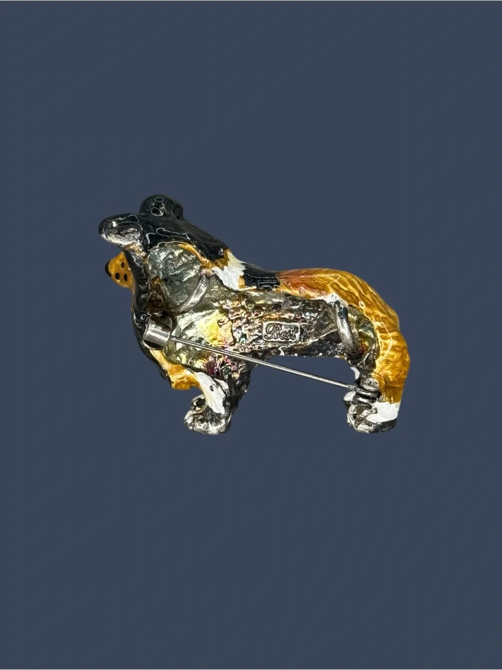 Vintage Signed BEST Collie Sheltie Dog Brooch Pendant Enamel Rhinestone Silver T